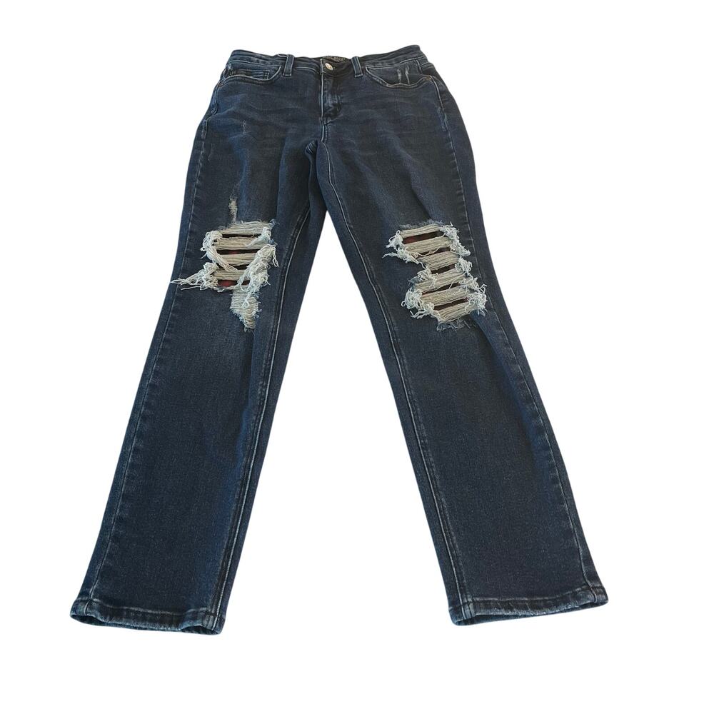 Judy Blue‎ Buffalo Plaid Patch Mid Rise Cuffed Boyfriend Jeans size 7/28